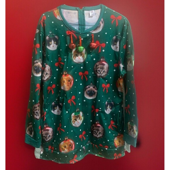Rare Women's Cat Christmas Long Sleeve Mini Dress with Real Jingle Bells - Picture 1 of 10